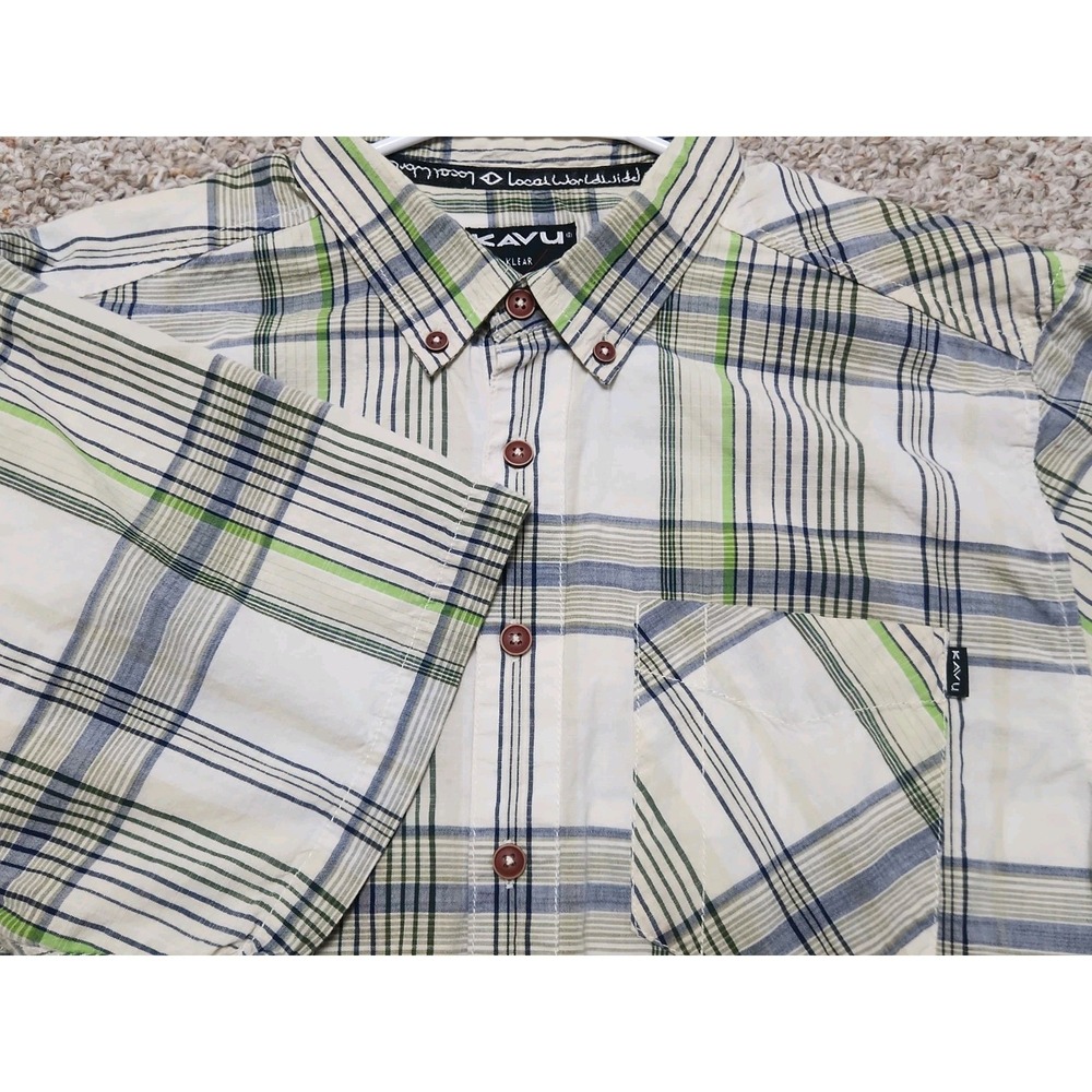 Kavu Button‎ Shirt Mens XL Blue Green Cream Short Sleeve 100% Cotton Outdoors **